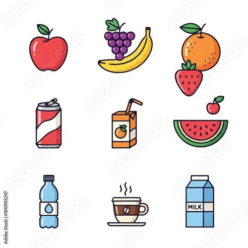 Collection of assorted fruits and beverages in a grid layout.