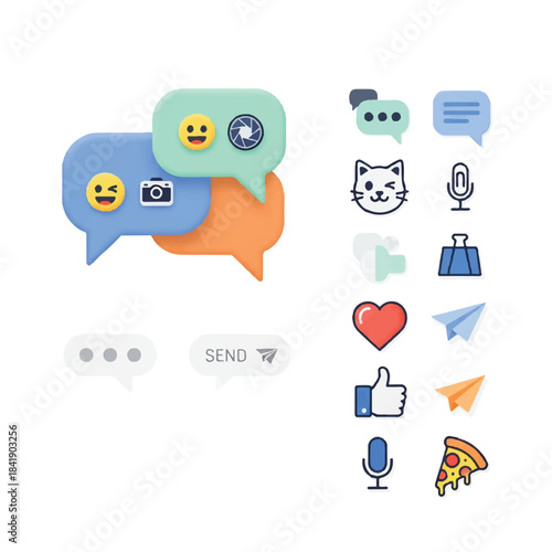 Collection of chat bubbles and social media icons.
