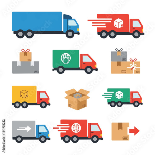 Collection of Delivery Trucks and Packages Icons.