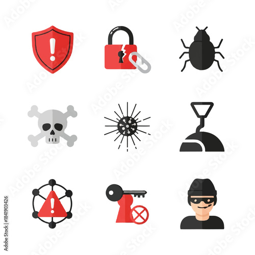 Cybersecurity and internet safety icons set with shield lock bug skull virus and hacker.