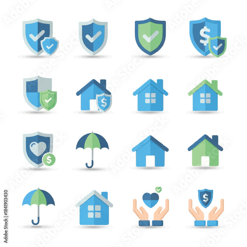 Comprehensive set of insurance and protection icons for home health and financial security.