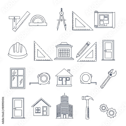 Architectural and construction tools with building elements in a line art style.