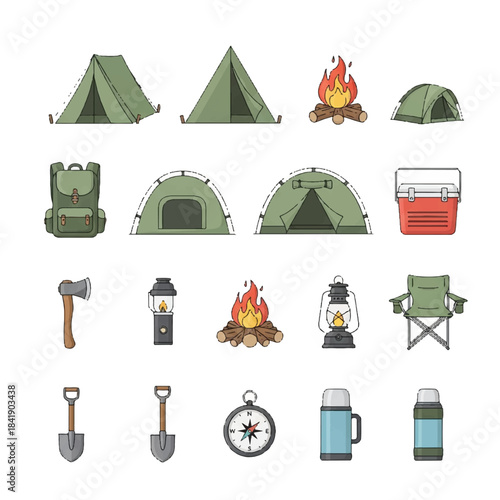 Camping Gear and Equipment Collection Flat Design Icons.