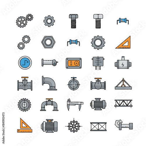 Industrial engineering components and tools collection.