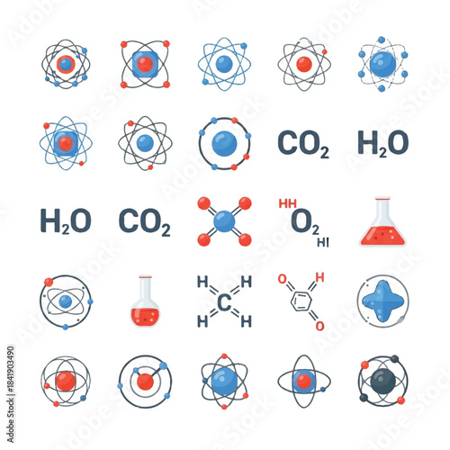 Collection of atomic structures and chemical formulas representing scientific concepts.