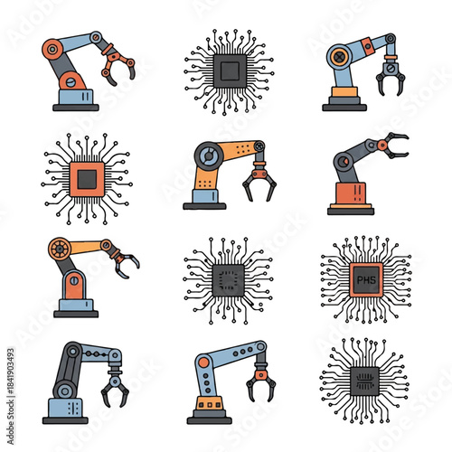 Robotic Arms and Microchip Illustrations Representing Technology and Automation.