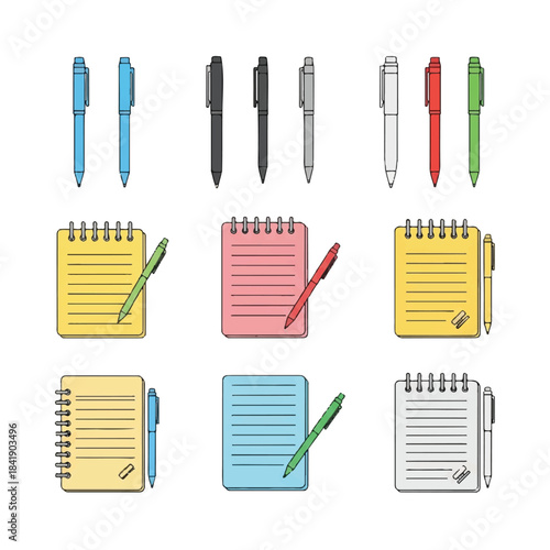 Collection of colorful pens and spiral notebooks for writing and notetaking.