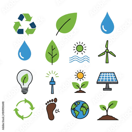 Collection of environmental and ecological icons representing sustainability and nature.