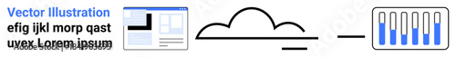 Cloud with data flow line connects a user interface to a storage system with visible metrics. Ideal for technology, cloud computing, data management, IT solutions, networking, analytics, simple