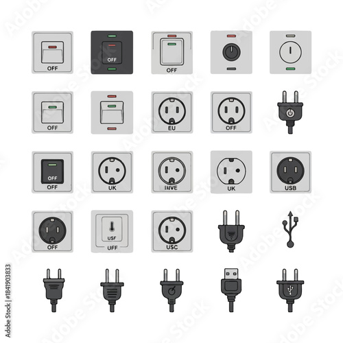 Collection of various electrical outlets plugs and switches in a grid layout.
