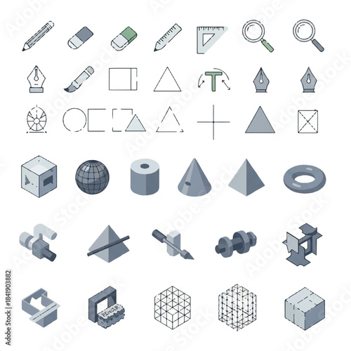 Comprehensive collection of geometric shapes and drafting tools for design and education.