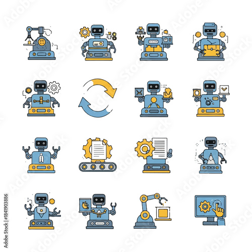 Collection of Robotic Icons Representing Automation and Technology.