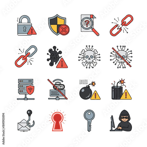 Cybersecurity Icons Representing Threats and Protection Measures.
