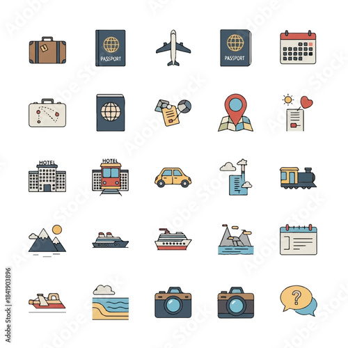 Collection of Travel and Transportation Icons for Vacation Planning.