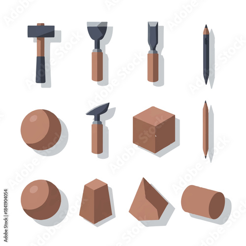 Wood carving tools and wooden geometric shapes for artistic craftsmanship.