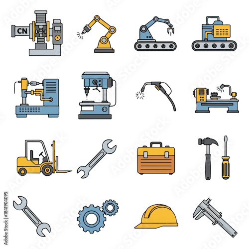 Industrial machinery and tools set for manufacturing and construction.