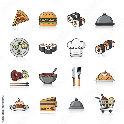 Collection of various food and dining icons representing different cuisines and dining elements.