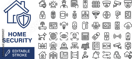 Home security line icon set featuring alarm systems, surveillance cameras, smart locks, monitoring devices, sensors, safety controls, protection tools, and smart home defense symbols.