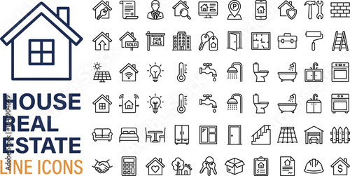 House and real estate line icon set featuring property symbols, home appliances, fixtures, renovation tools, smart home elements, architecture, and interior design essentials.