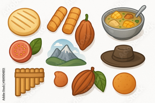 Colorful cartoon illustration of Venezuelan culture, food, and nature icons