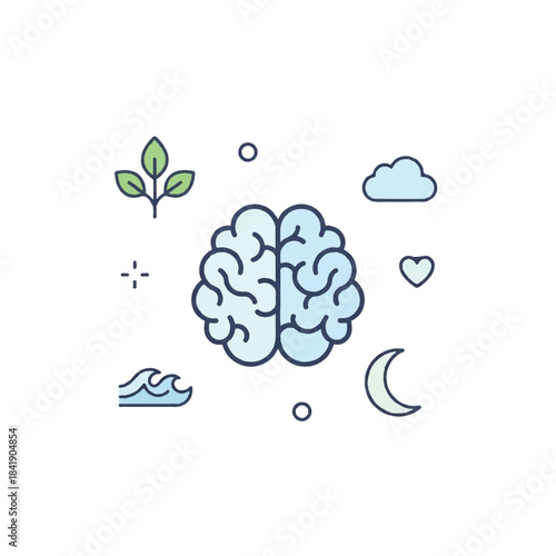 Brain surrounded by nature and thoughtrelated icons.