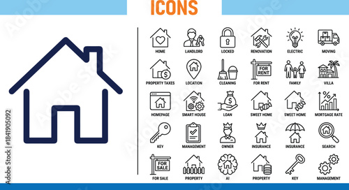 Real estate house icon set featuring home symbols, property management, rental signs and mortgage concepts in modern line-style illustration