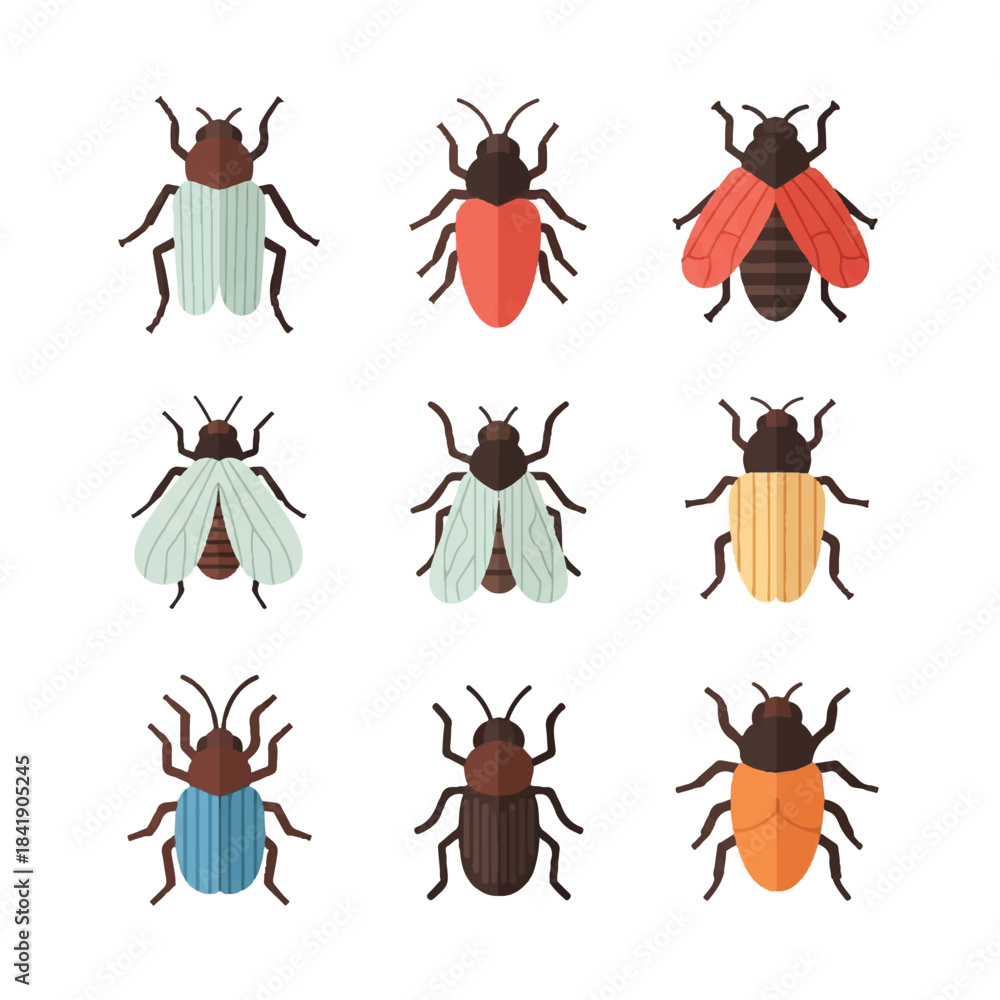 Fototapeta premium Collection of Nine Diverse Insect Illustrations in Flat Design Style.