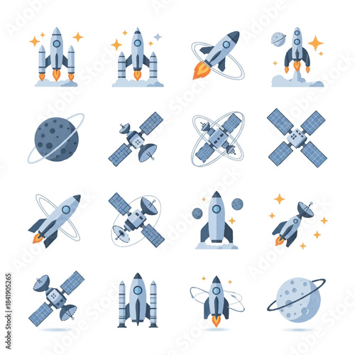 Collection of Space Rockets and Satellites Icons.