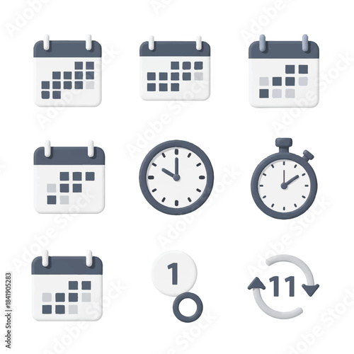 Collection of time and date icons including calendars clocks and a stopwatch.