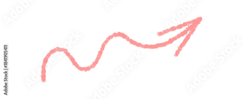 Wavy pastel pink arrow element in hand drawn chalk style. Crayon stroke creates a unique up arrow symbol as graphic accent. Ideal for creative uses with a light textured look.