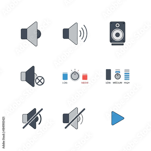 Collection of speaker and volume control icons for audio settings.