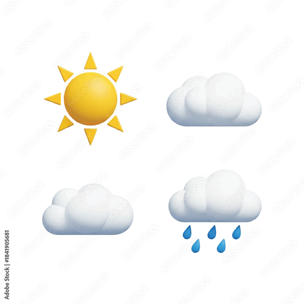 Fototapeta premium Weather Icons Set Sun Clouds and Raindrops in a 3D Rendered Style.