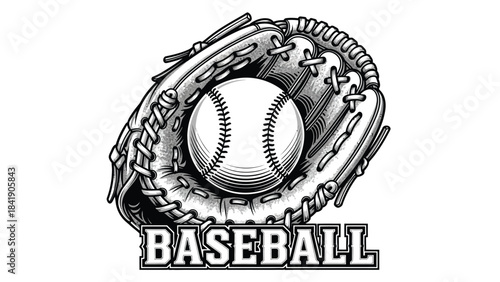 A vintage style illustration of a baseball resting in a leather glove with the word "BASEBALL" written below, evoking classic sports imagery and nostalgia.