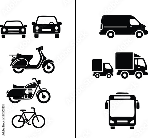 Collection of black silhouette icons representing various road transportation vehicles including cars, scooter, motorcycle, bicycle, van, trucks, and bus