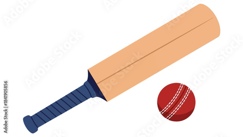 A wooden cricket bat with a blue grip lies next to a red cricket ball on a white background.