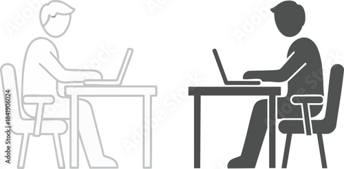 Two silhouettes of a person working at a computer on a desk. Concept of contrasting work styles
