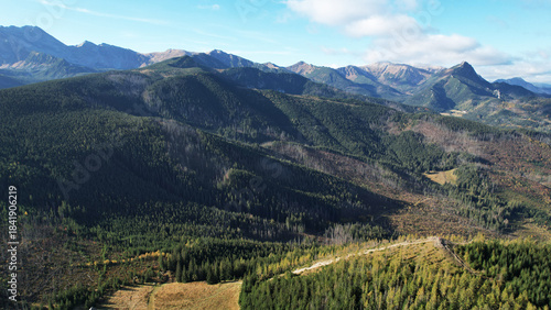 Fototapeta Naklejka Na Ścianę i Meble -  Autumn Aerial View of Tatra Mountains Forested Ridges in Northern Poland