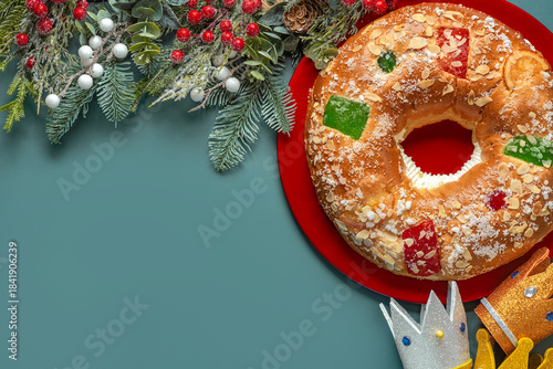 Top view of Roscon de reyes on a red plate with red berries branches and crowns of the wise men with space for text. Kings day concept spanish three kings cake.Typical spanish dessert for Christmas
