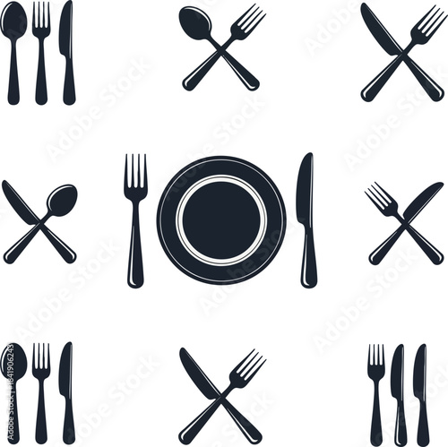 A collection of dark silhouette icons depicting cutlery, including forks, spoons, and knives, arranged in various configurations and with a plate