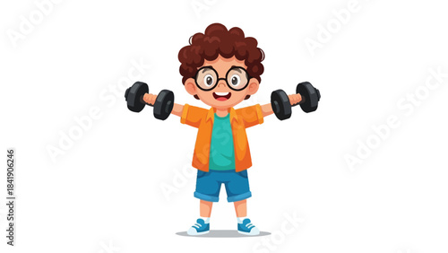 A cheerful young boy with curly hair and glasses is enthusiastically lifting two dumbbells, demonstrating his interest in fitness and physical activity.