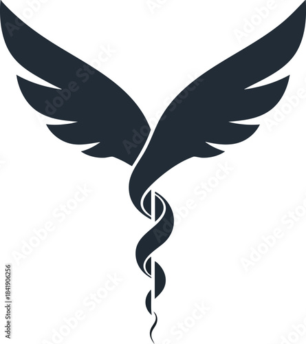 Minimalist caduceus illustration with winged design on white background