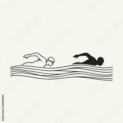 Minimalist vector illustration showing two athletes swimming freestyle in a race