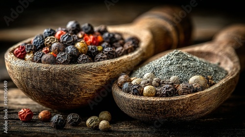 Fototapeta Naklejka Na Ścianę i Meble -  Two wooden spoons filled with peppercorns and ground pepper on a dark surface.