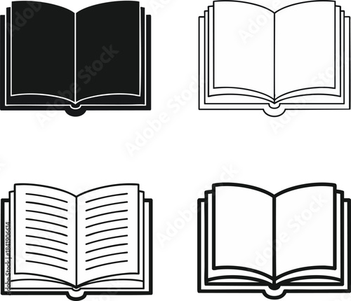 Open book icon set in simple black and white style. Represents reading, education, library, knowledge, literature