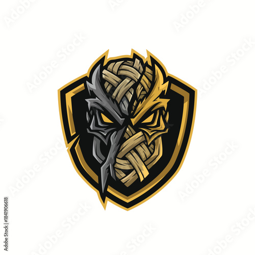 Aggressive Owl Head Mascot Logo Featuring Intricate Celtic Knotwork Style Details on a Shield for Esports Branding.