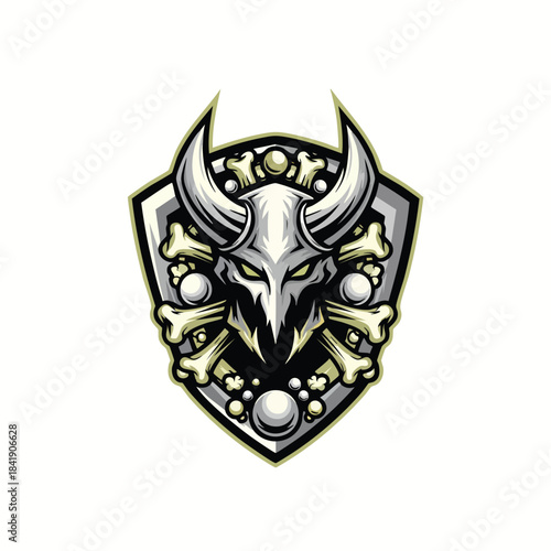Viking Warrior Skull Mascot Logo with Large Horns and Crossed Bones on a Detailed Medieval Shield Emblem.