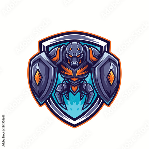 Futuristic Armored Robot Insect Mascot Logo Design Holding Dual Shields in Vibrant Blue and Purple Colors on an Emblem.