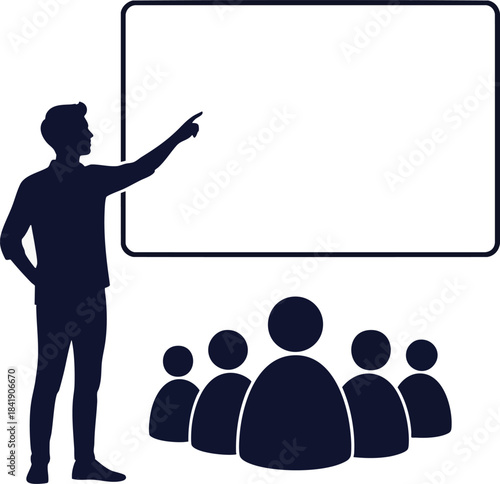 Silhouette of a presenter pointing to a blank screen while addressing an audience group