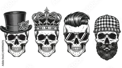 Four distinct skulls, each adorned with unique headwear and accessories, including a top hat with a rose, a regal crown, modern sunglasses, and a plaid flat cap with a full beard, presented in a