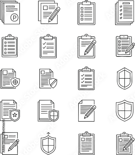 Set of flat line icons depicting documents, checklists, and shields for security and compliance